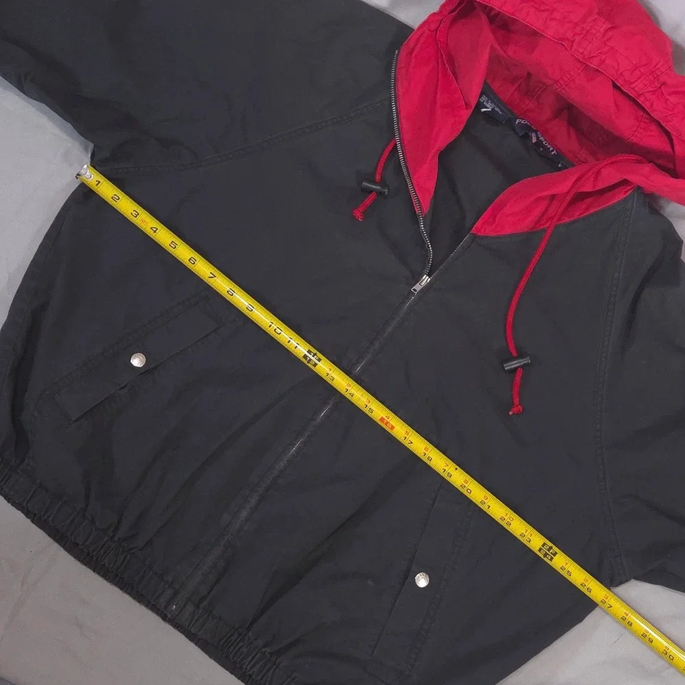 Vtg Polo Sport Ralph Lauren Mens Windbreaker Jacket L Black Red Hood 90s Hip Hop